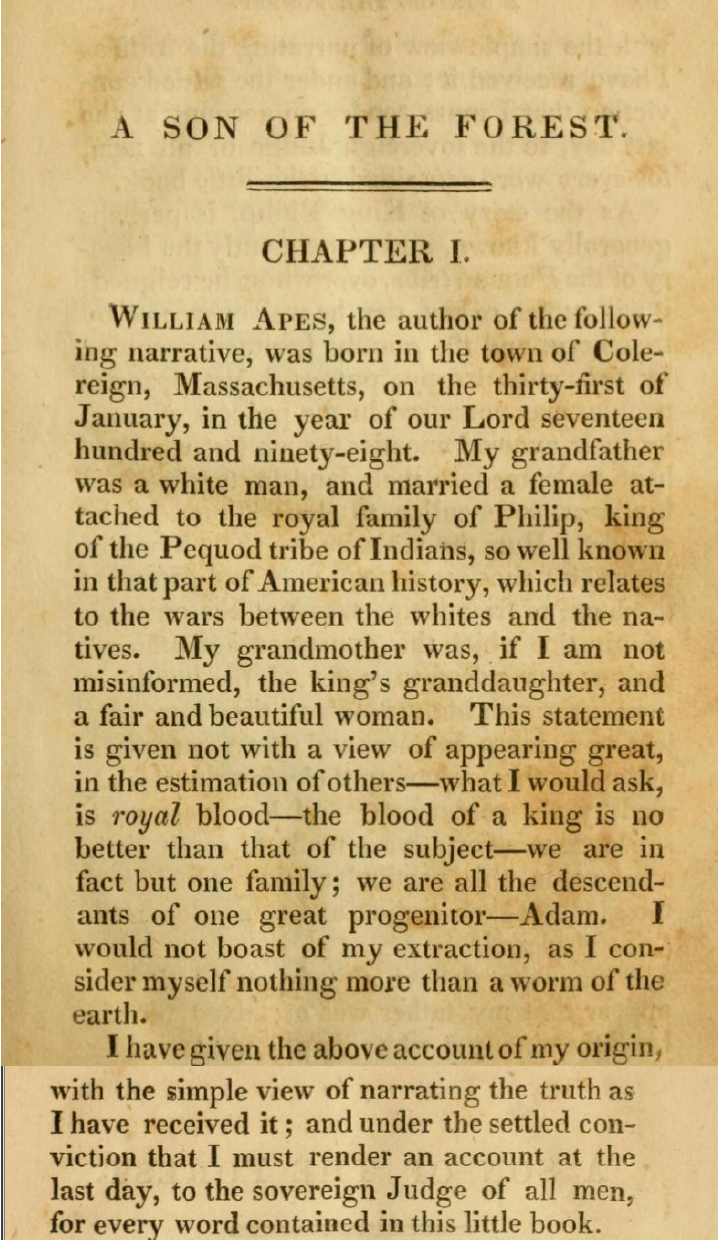 image of the primary source, a page of Apess' book