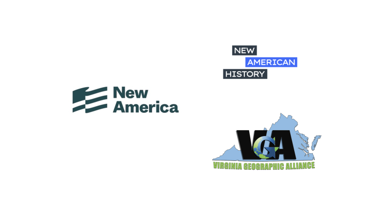 Images of logos for New America (flag), New American History (words in blue boxes), and the Virginia Geographic Alliance. (map of the state,) and VA. 