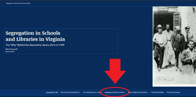 Image of a GIS StoryMap.  Navy background, image of a group of men emerging from a library. Red arrow pointing to a section of the StoryMap.