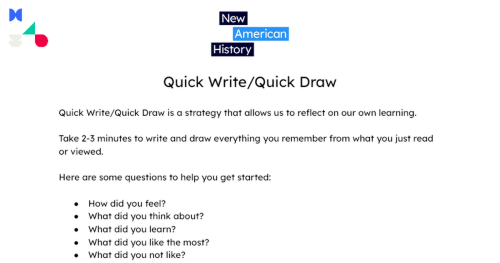 New American History logo (word in blue boxes, staggered). Title: Quick Write/Quick Draw.