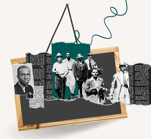 Collage image of a group of Black men in suits/hats with a police officer, a chalkboard, newpaper clippings and a Black man's headshot.